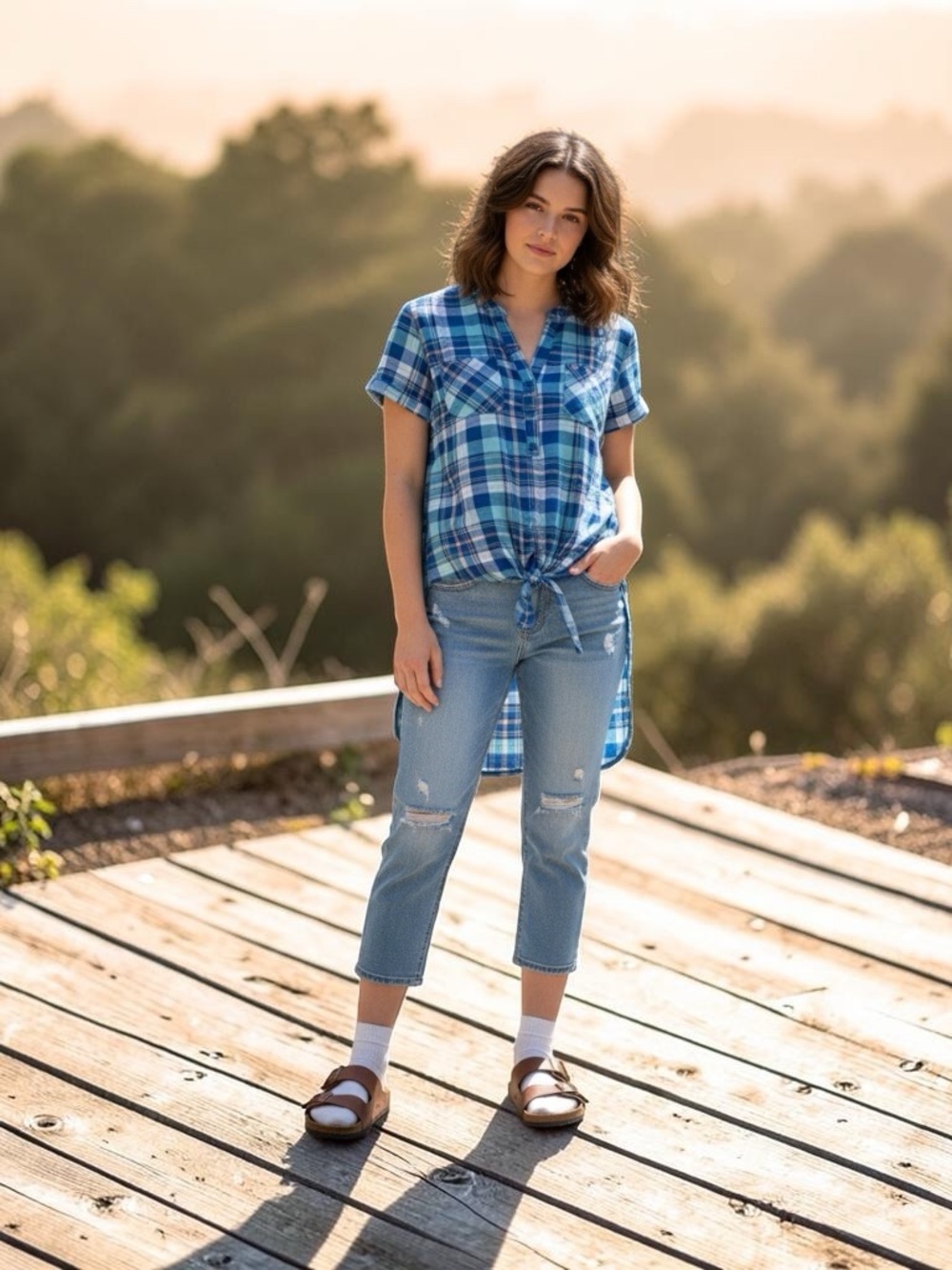 French Ladies Laundry Blue Plaid Tie-Knot Shirt Dress